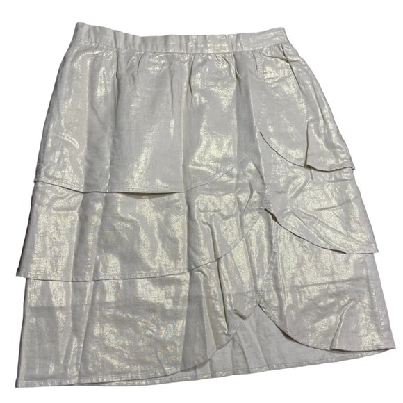 Anthropologie Linen Blend Skirt 6 Edme Esyllte Metallic Scalloped Tulip Gold - Picture 6 of 12